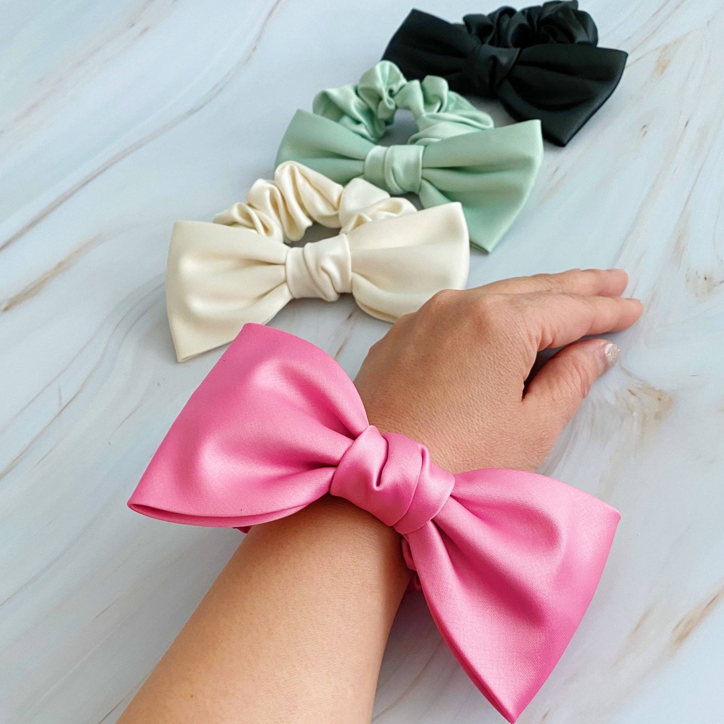 Ellison+Young - Satin Bow Tie Hair Scrunch: Pink