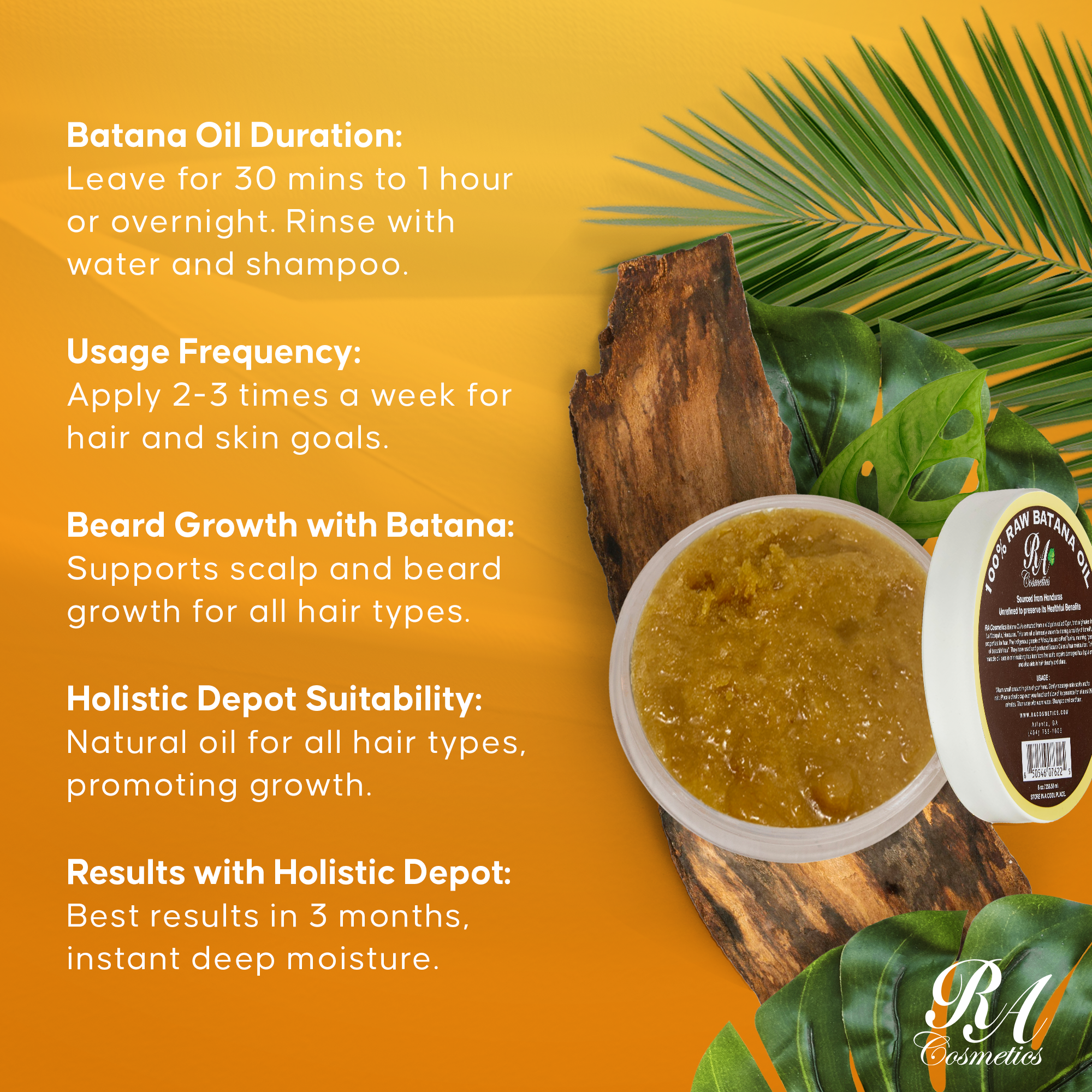 RA Cosmetics - 100% Raw Batana Oil, 8oz -From Honduras