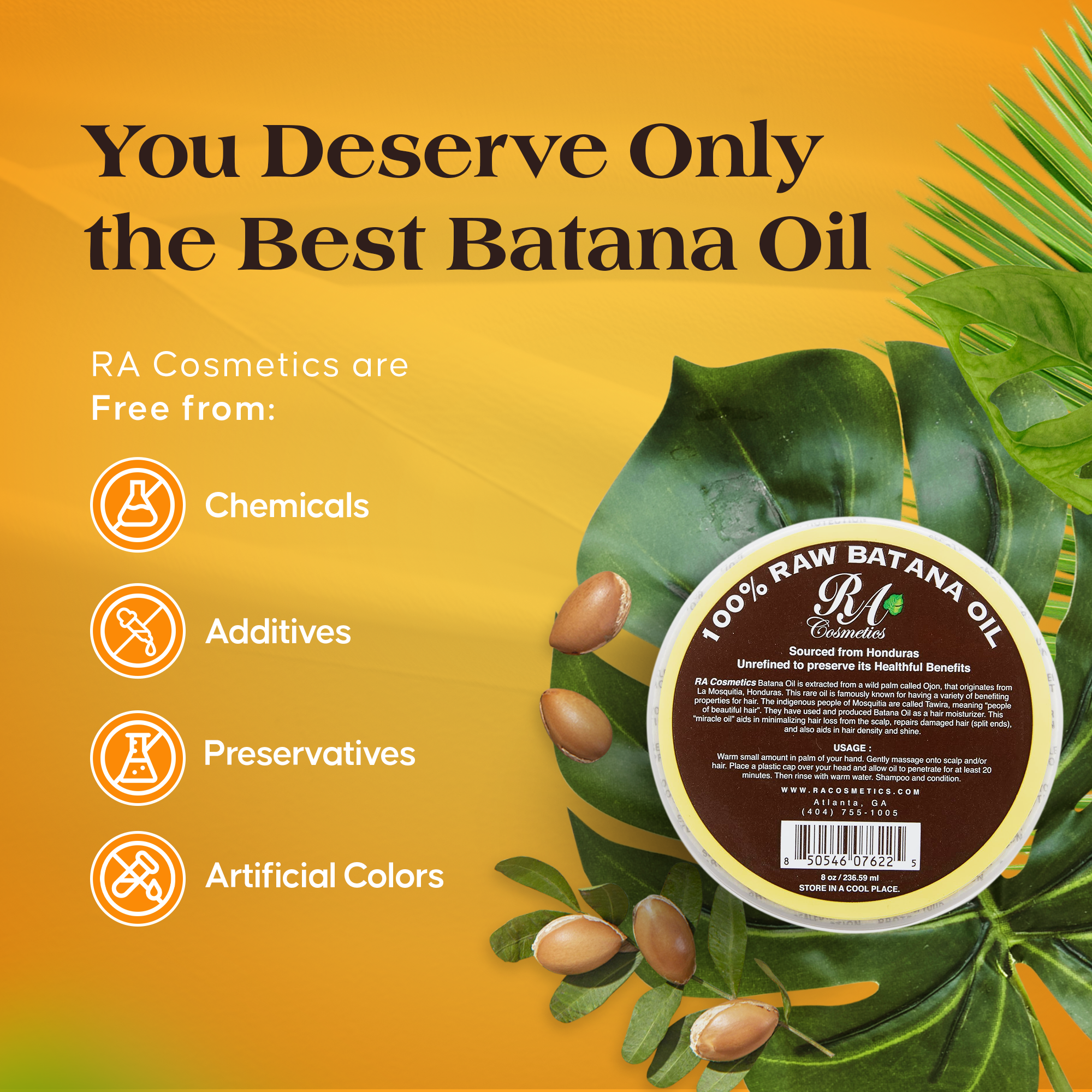 RA Cosmetics - 100% Raw Batana Oil, 8oz -From Honduras